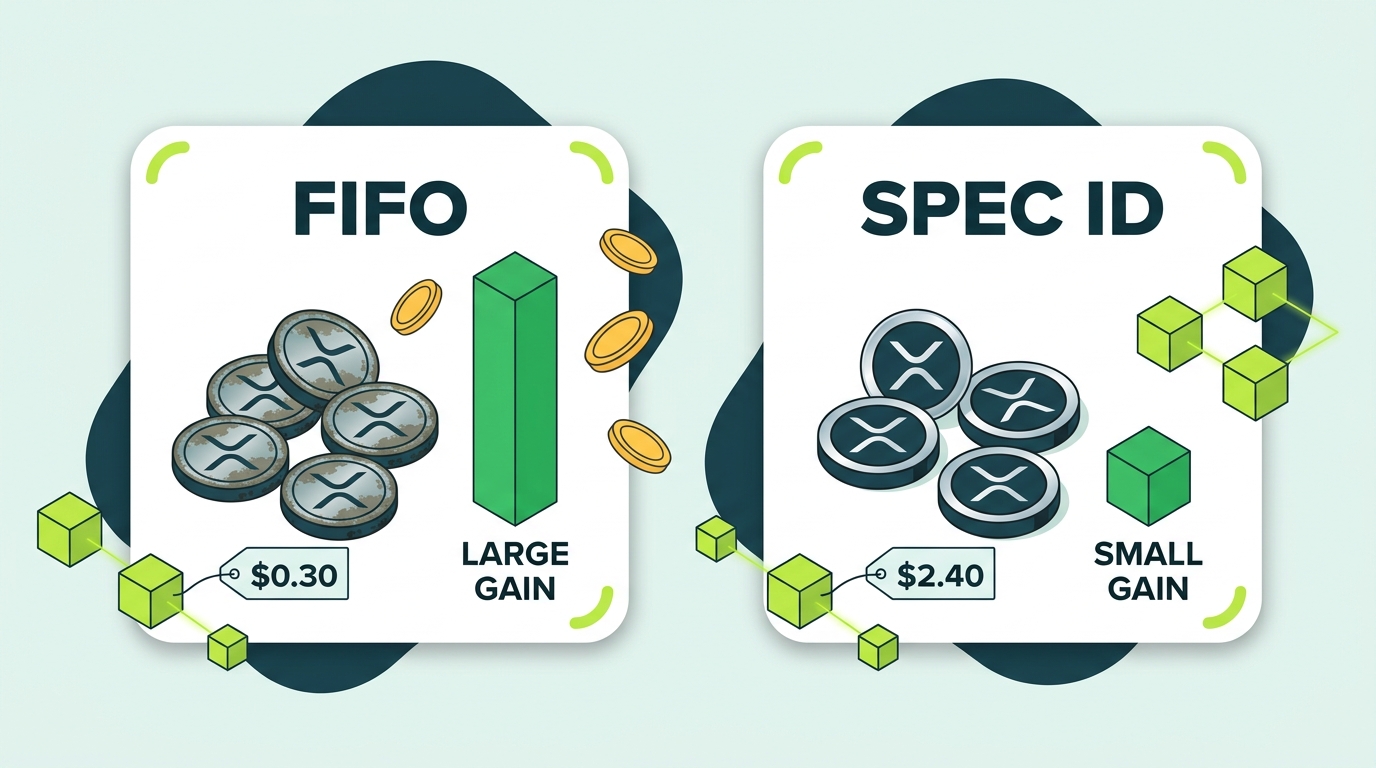 Illustration comparing FIFO and specific identification lot selection for an XRP sale, showing the oldest cheap lot producing a large gain under FIFO and a recent expensive lot producing a small gain under spec ID
