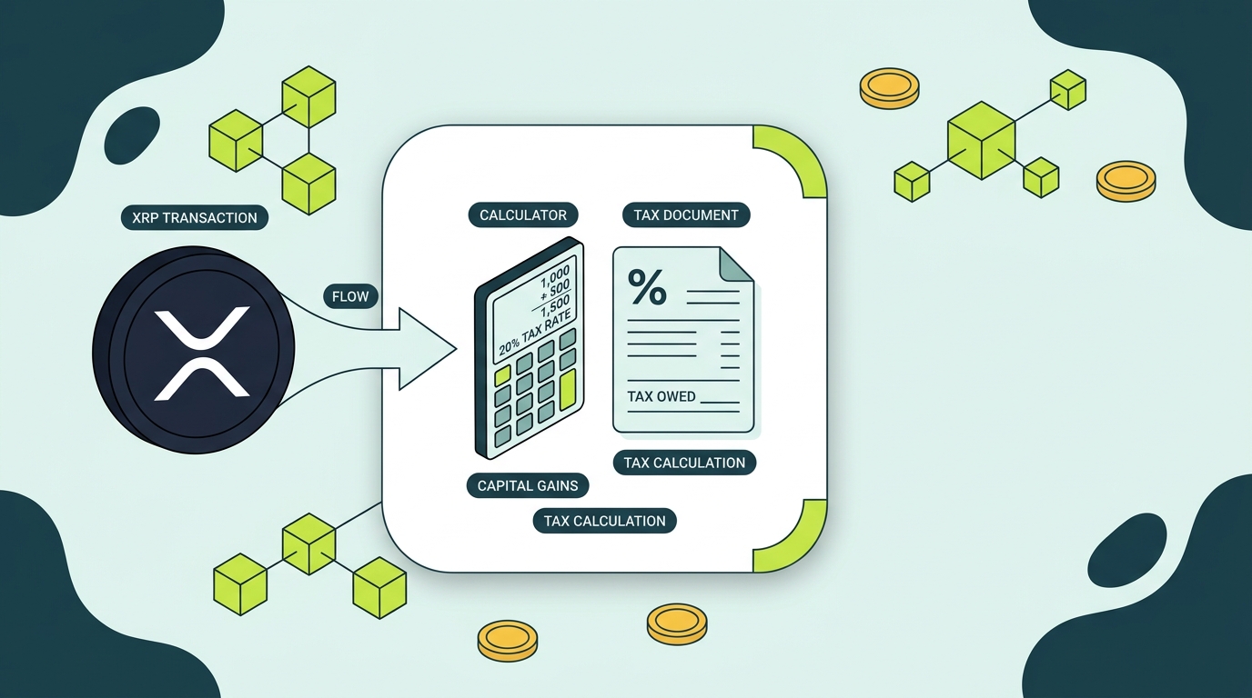 Count On Sheep | Selling XRP taxes 2026 guide hero illustration showing an XRP sale flowing into a capital gains tax calculation