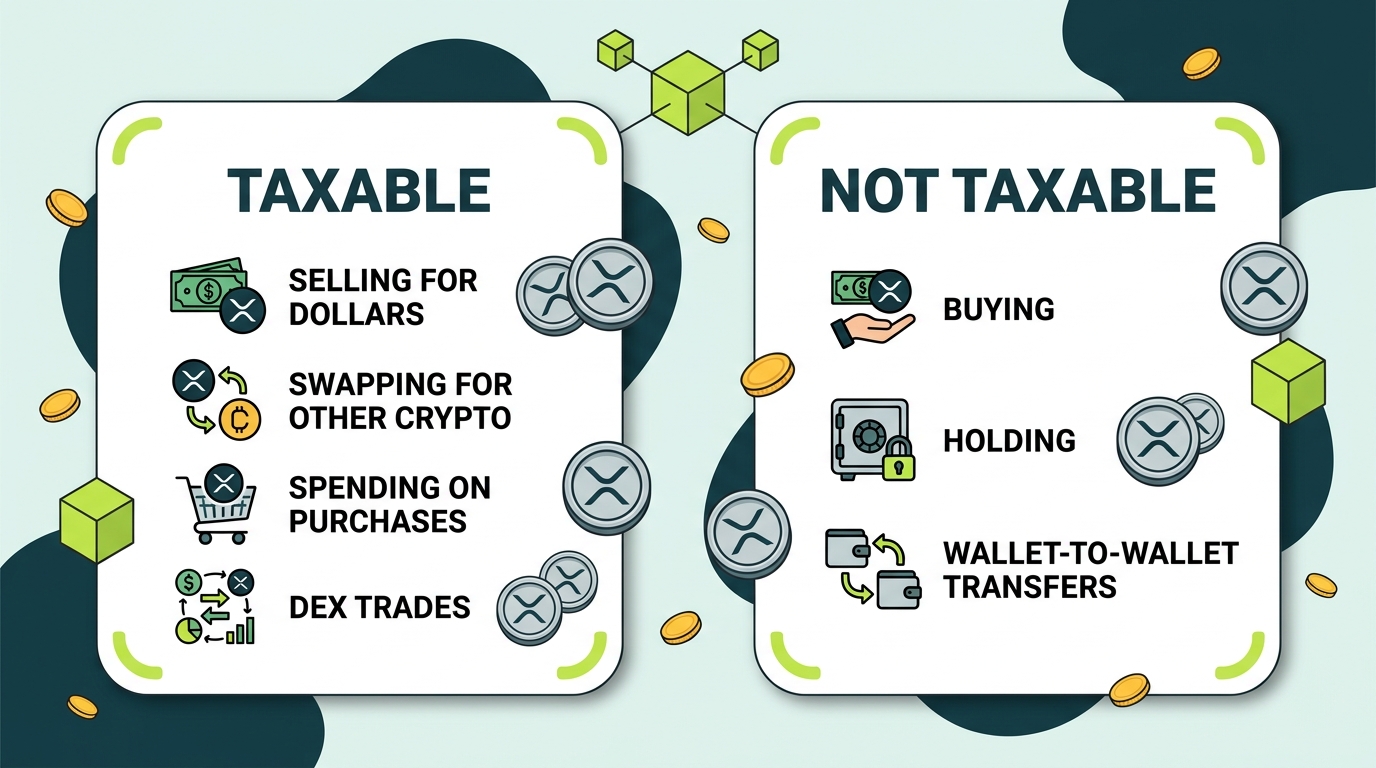 Two-column diagram sorting XRP events into taxable disposals (selling for dollars, swapping for other crypto, spending on purchases, DEX trades) and non-taxable events (buying, holding, wallet-to-wallet transfers)