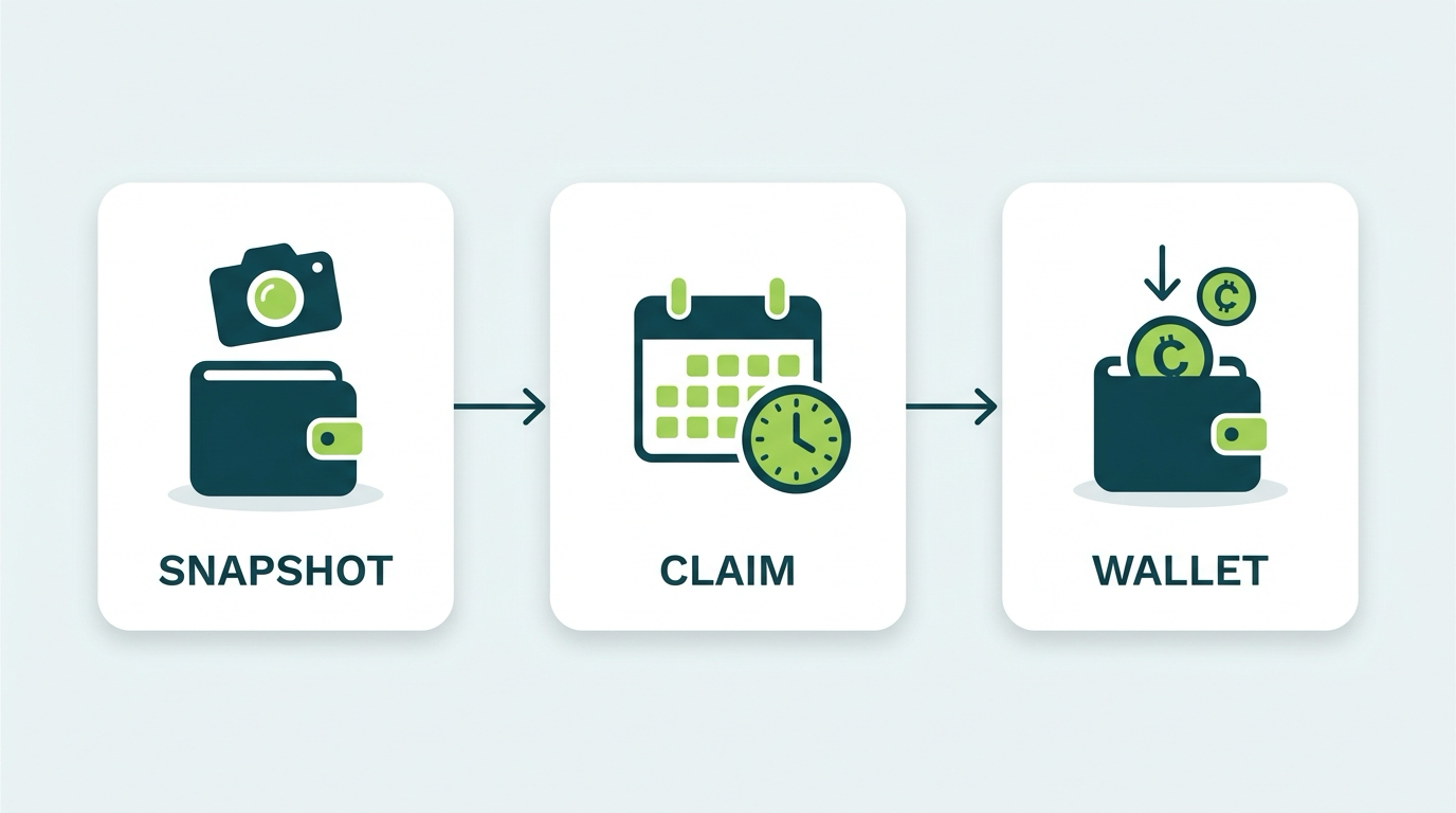 Illustration of the Solana airdrop lifecycle from snapshot to claim window to tokens arriving in a wallet