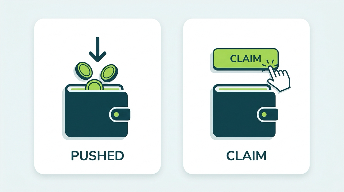 Comparison of pushed airdrops landing automatically versus claim-gated airdrops requiring a claim transaction