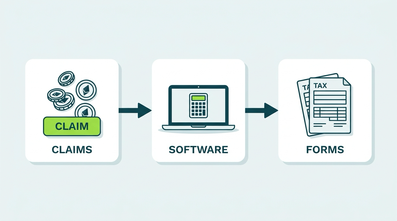 Step by step illustration of Solana airdrop claims flowing through tax software into Schedule 1 and Form 8949