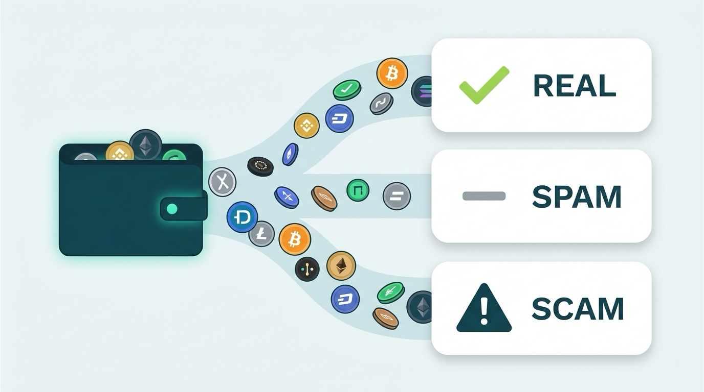 Triage illustration sorting incoming Solana wallet tokens into real airdrops, worthless spam, and dangerous scam bait