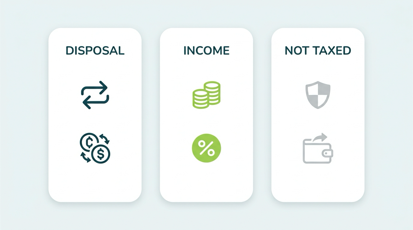 Map of common Solana DeFi actions sorted into taxable disposals, ordinary income, and non-taxable events