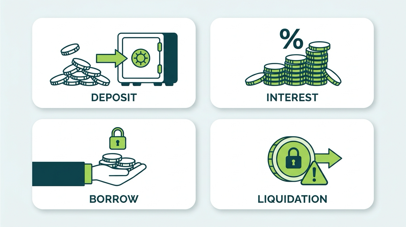 Diagram of Solana lending and borrowing tax treatment across deposit, interest, borrow, and liquidation