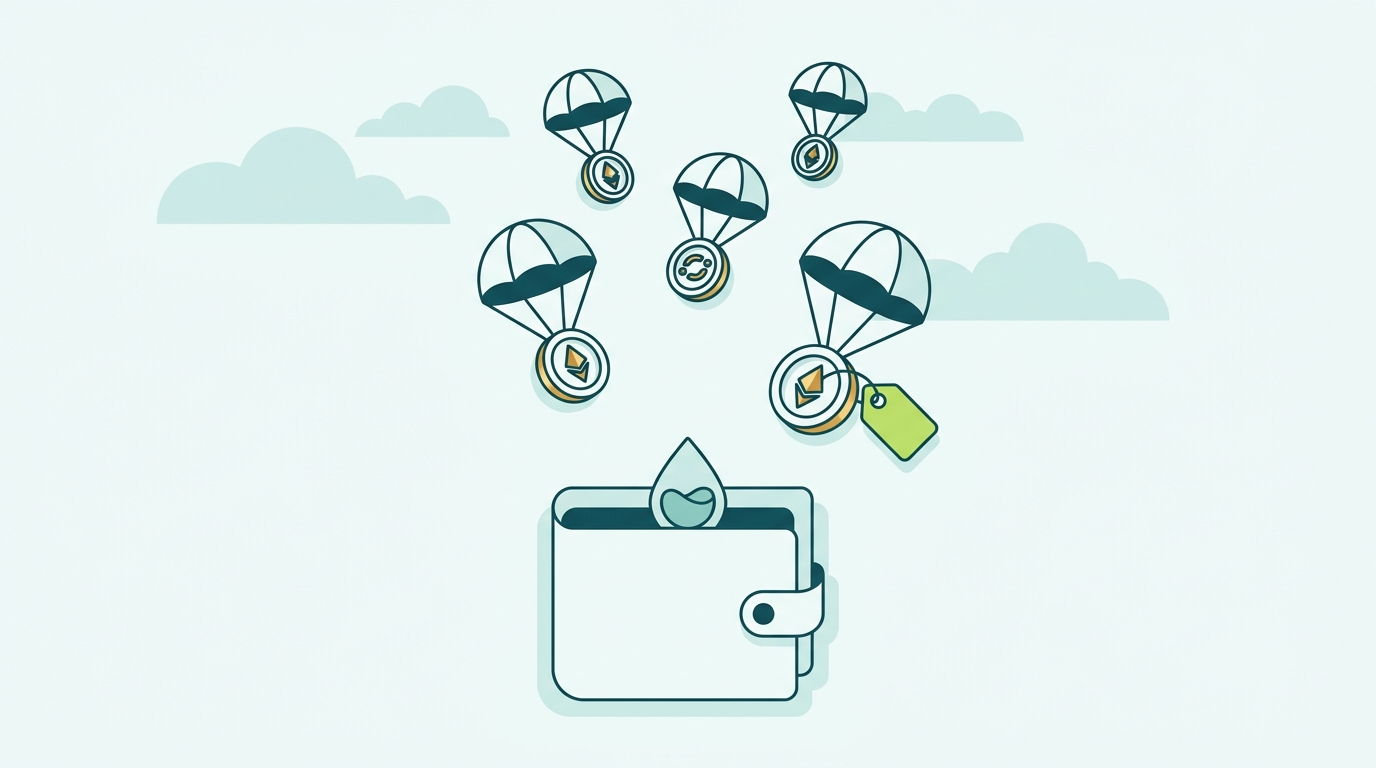 Illustration of an airdrop of governance tokens landing on liquid staking token holders and creating an income event