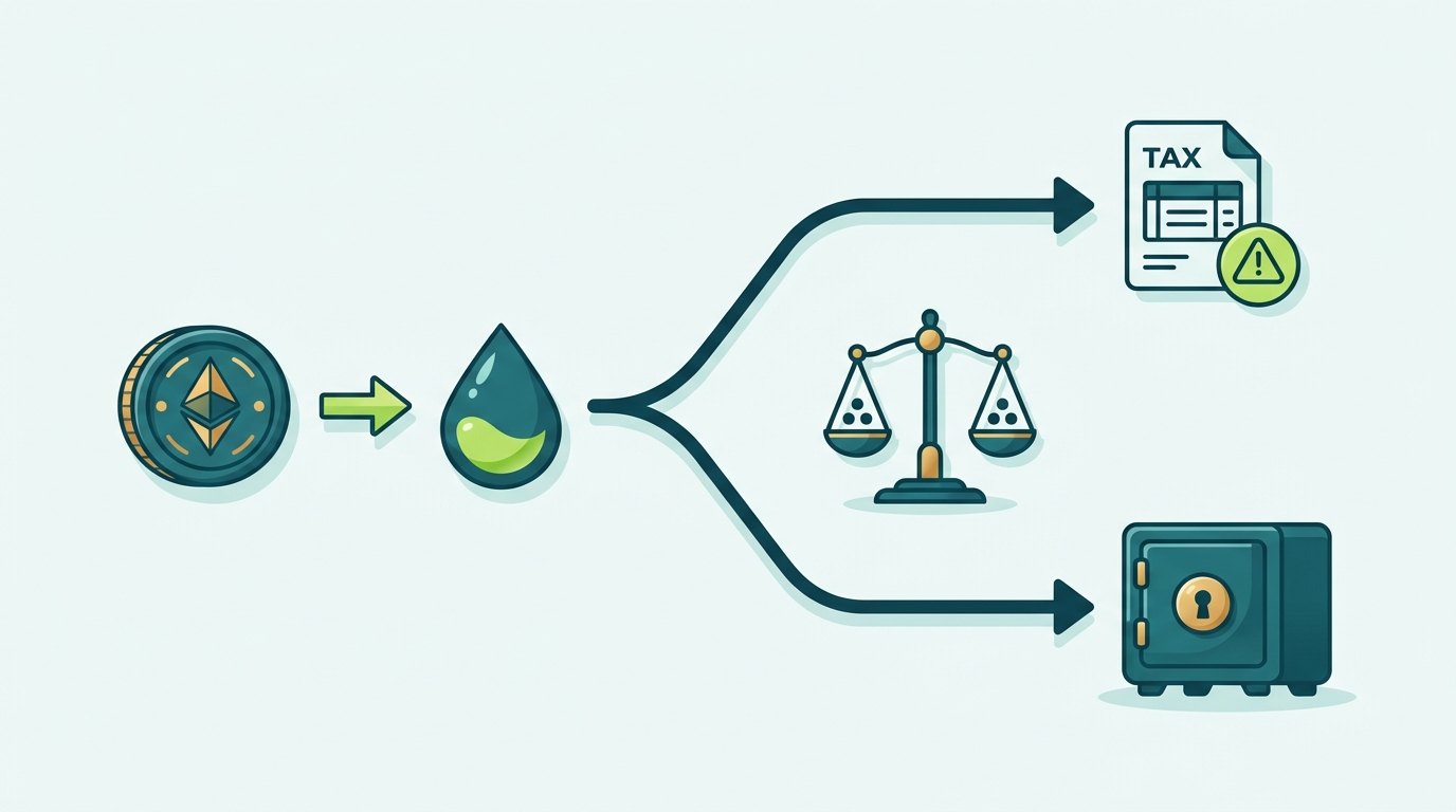 Decision tree comparing the conservative taxable-disposal position and the aggressive non-taxable deposit position for swapping SOL into a liquid staking token