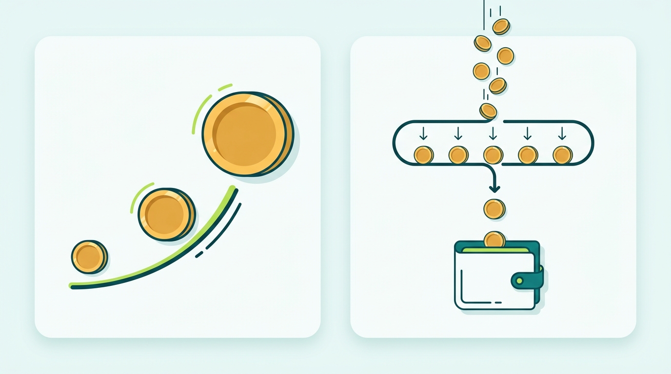 Comparison illustration of a value-accrual token with a rising redemption rate versus separate staking reward payments arriving over time