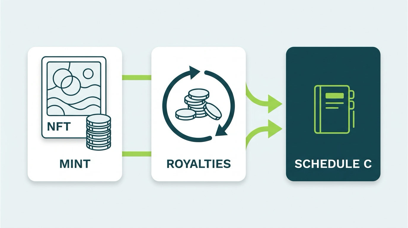 Split diagram of NFT creator income showing primary mint revenue and royalty streams flowing to Schedule C