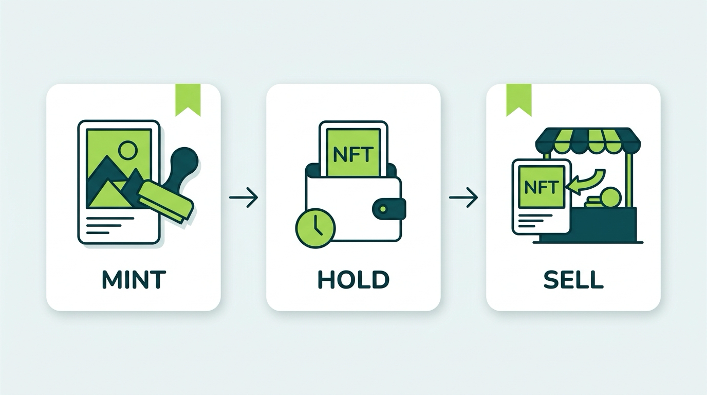 Lifecycle of a Solana NFT from mint through marketplace sale with each taxable moment flagged