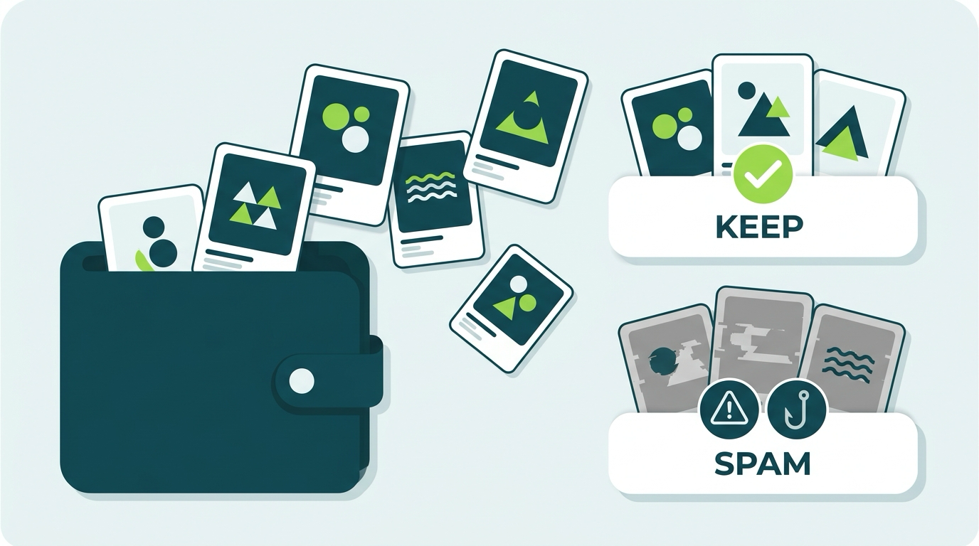 Wallet triage illustration separating legitimate Solana NFTs from spam and drainer-bait drops