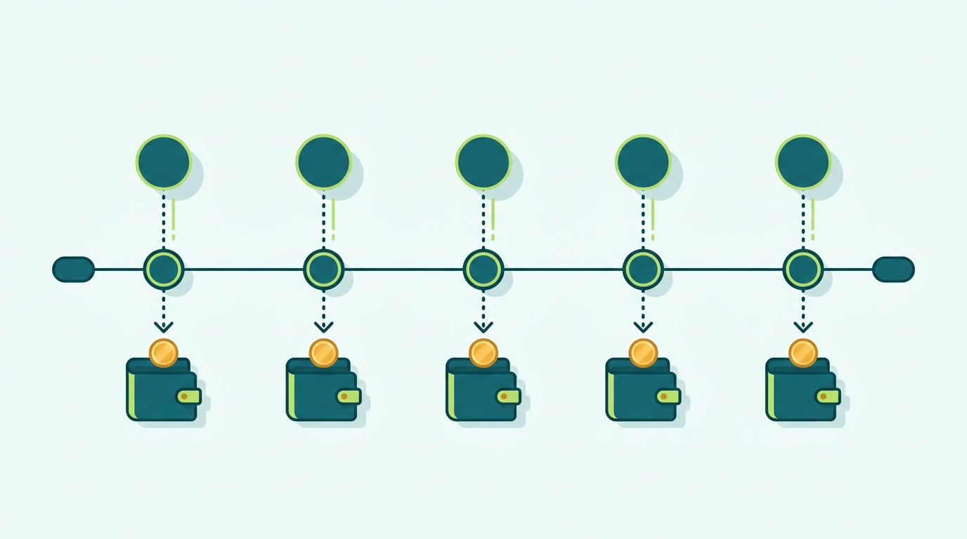 Timeline illustration showing Solana epoch boundaries producing recurring staking reward income events