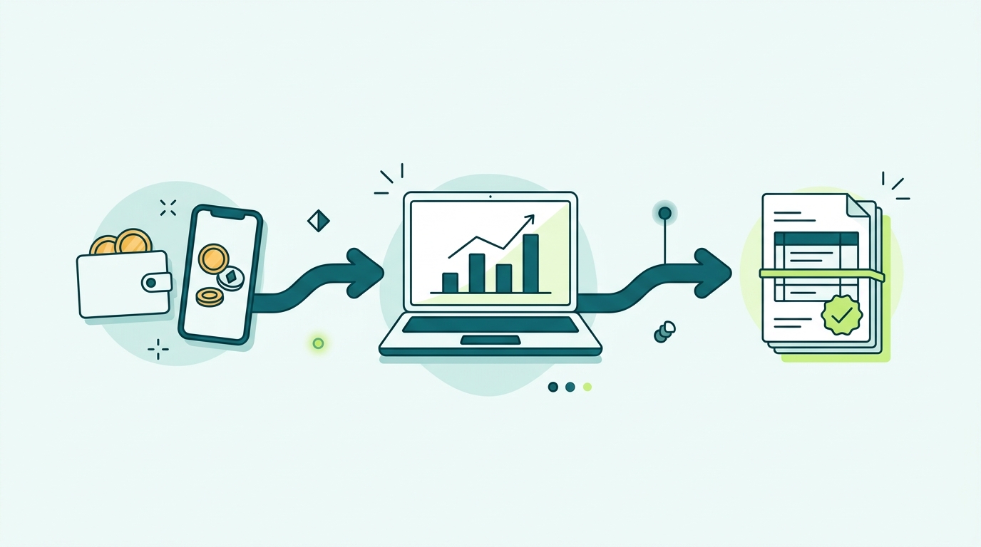 Step by step illustration of Solana wallet data flowing through crypto tax software into tax forms