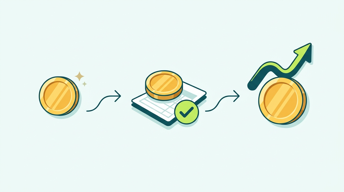 Flow diagram showing a staking reward's fair market value becoming ordinary income and then the cost basis for a later capital gain calculation