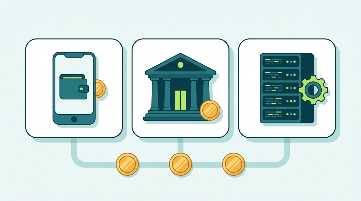 Comparison illustration of three Solana staking paths: wallet delegation, exchange staking, and running a validator