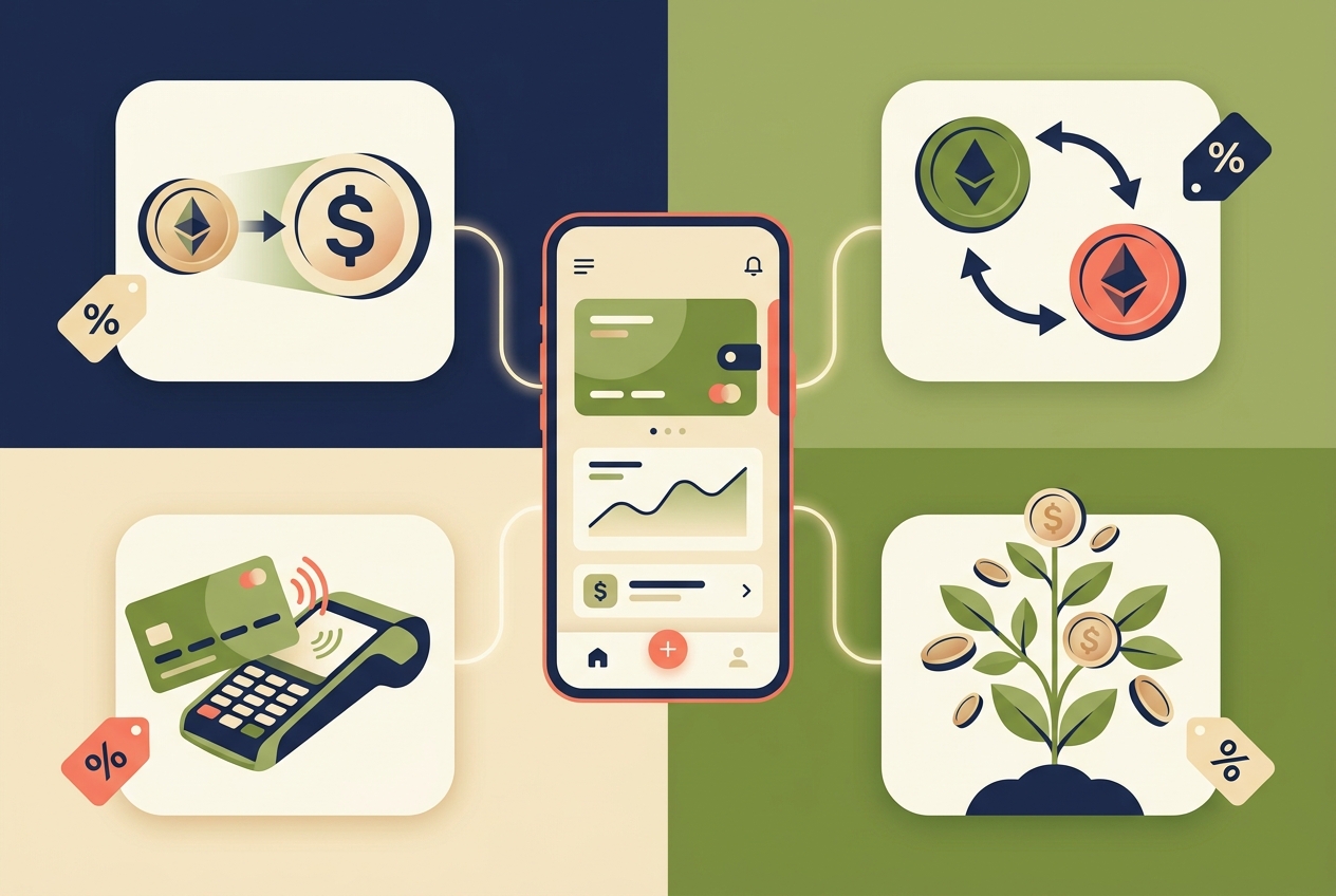 Flat illustration mapping Tangem app sell, swap, Tangem Pay spend, and staking actions to their tax outcomes