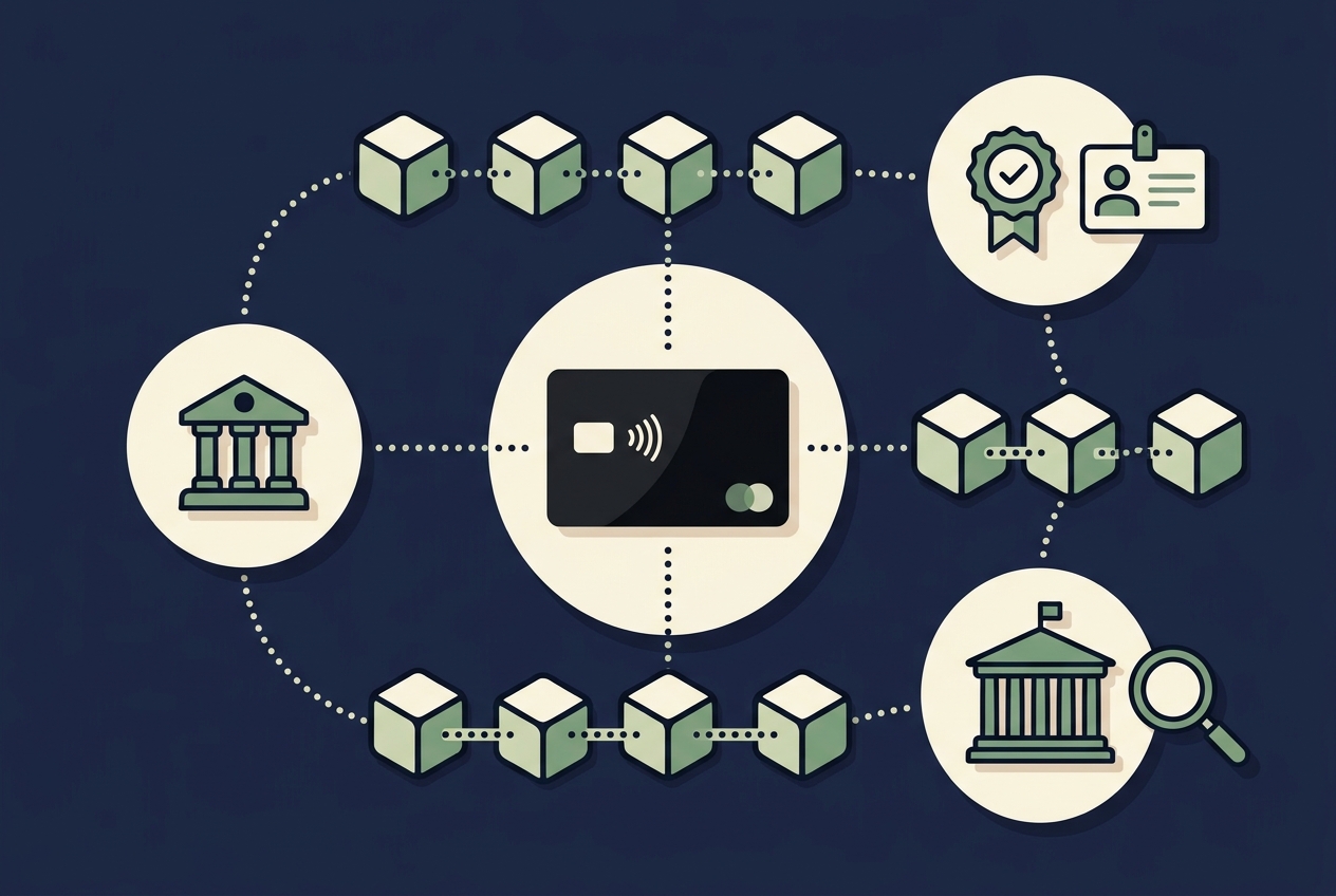 Illustration of a Tangem NFC card connected through a public blockchain to KYC providers, exchanges, and tax authorities