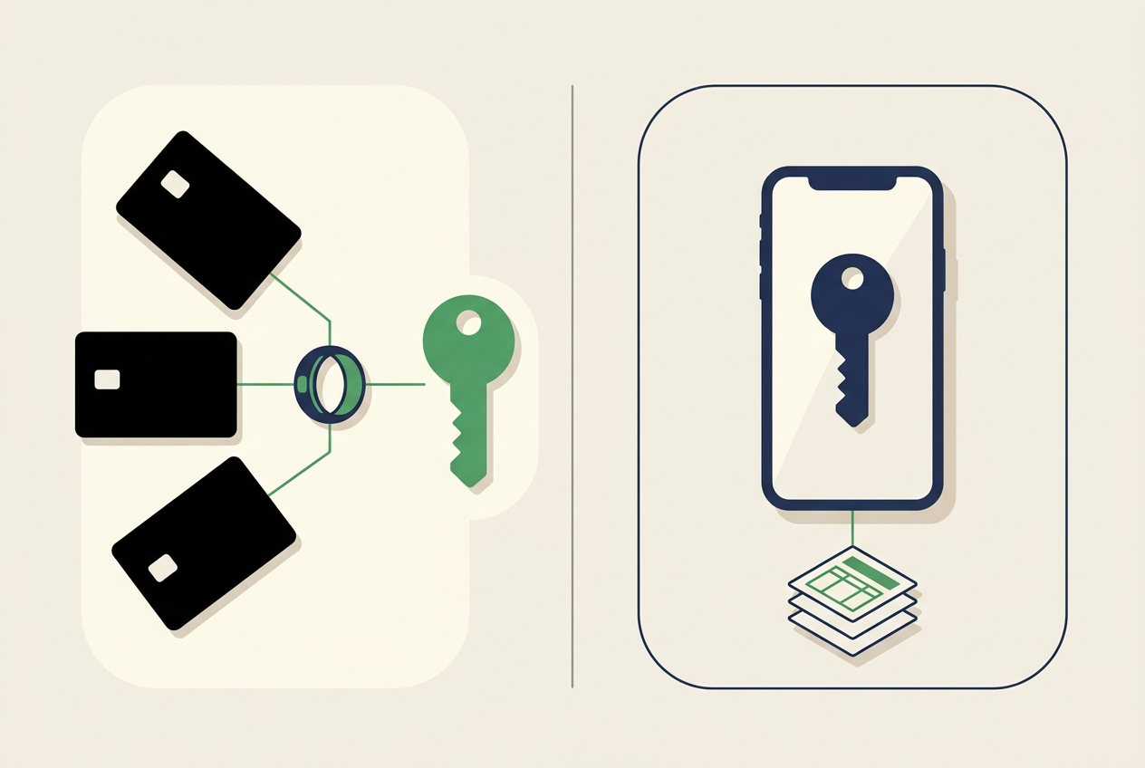 Diagram showing three Tangem backup cards and a ring as copies of one key forming a single wallet, beside a separate app wallet with its own cost basis records