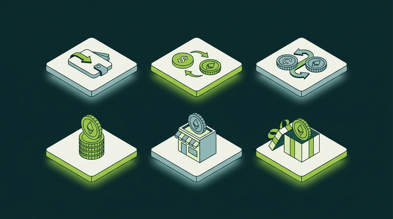 Isometric grid of six crypto transaction types with green and gray status indicators