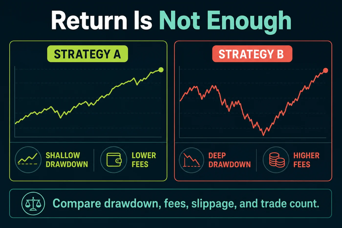 Comparison showing why drawdown, fees, slippage, and trade count matter alongside total return