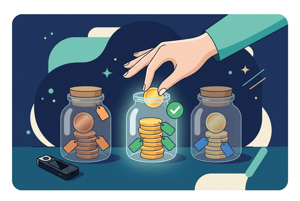 Illustration of selecting specific bitcoin UTXOs like choosing individual coins from labeled jars