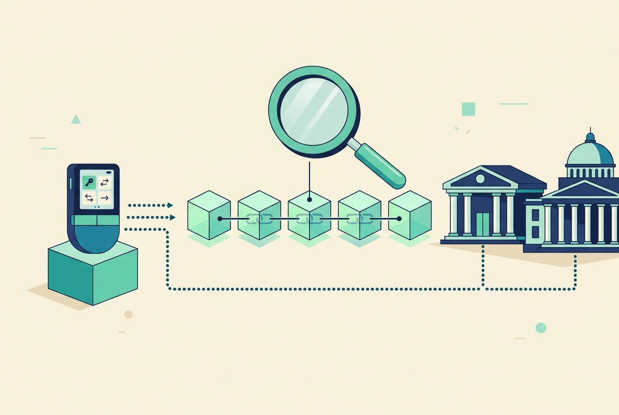 Illustration of a Trezor hardware wallet connected through a public blockchain to exchanges and tax authorities
