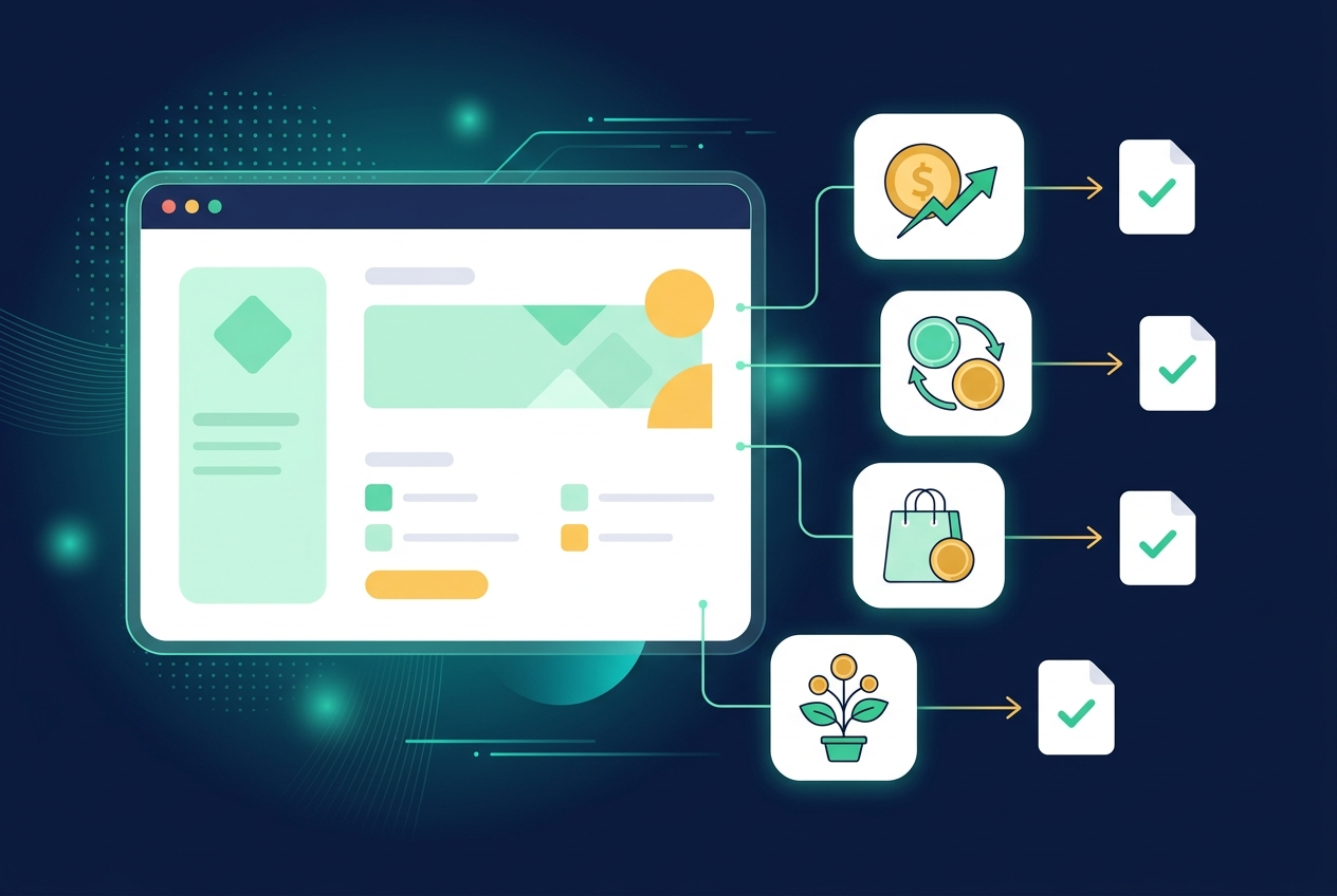 Flat illustration mapping Trezor Suite sell, swap, spend, and staking actions to tax outcomes