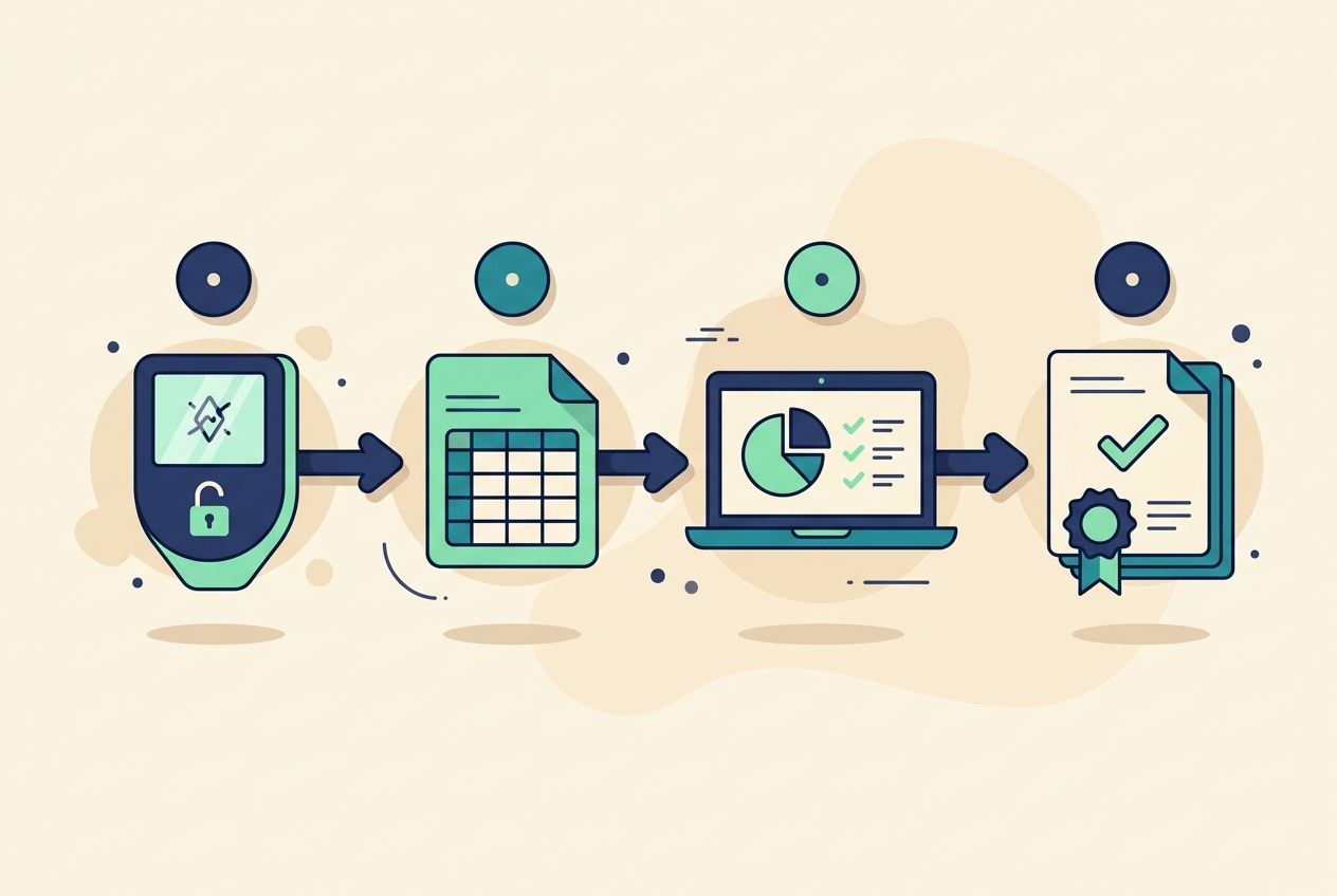 Step by step illustration of exporting hardware wallet history into tax software and producing tax forms