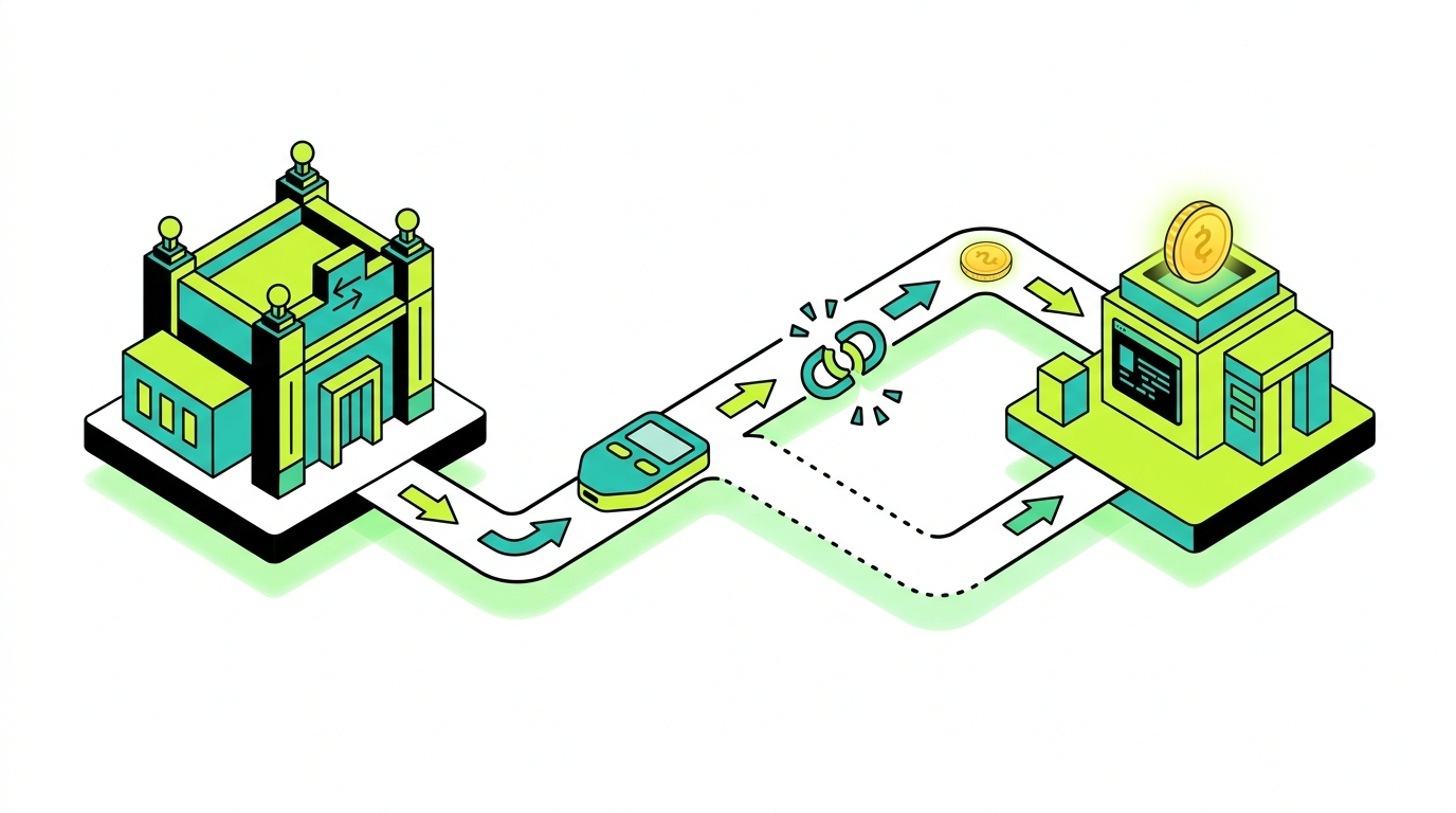 A multi-hop crypto journey from another exchange through a self-custody wallet into Uphold, showing where cost basis is lost and must be reconnected