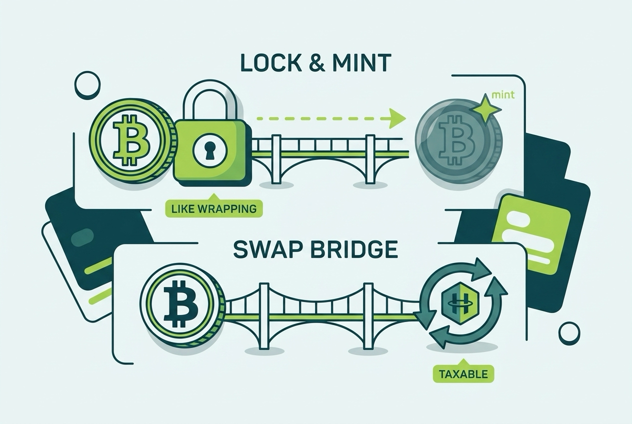 Diagram distinguishing lock-and-mint bridges from swap-based bridges and their tax treatment