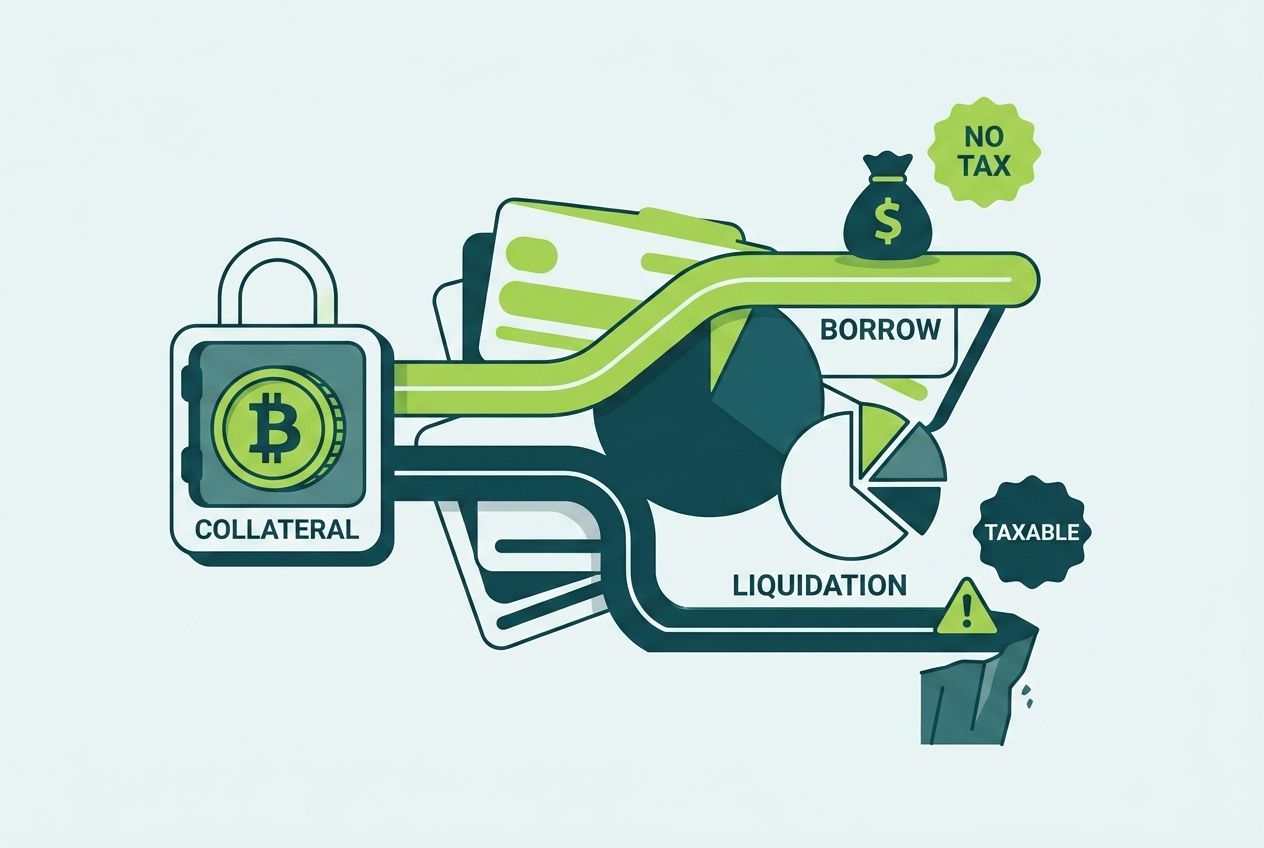 Diagram of bitcoin collateral loans showing the non-taxable borrow path and the taxable liquidation path