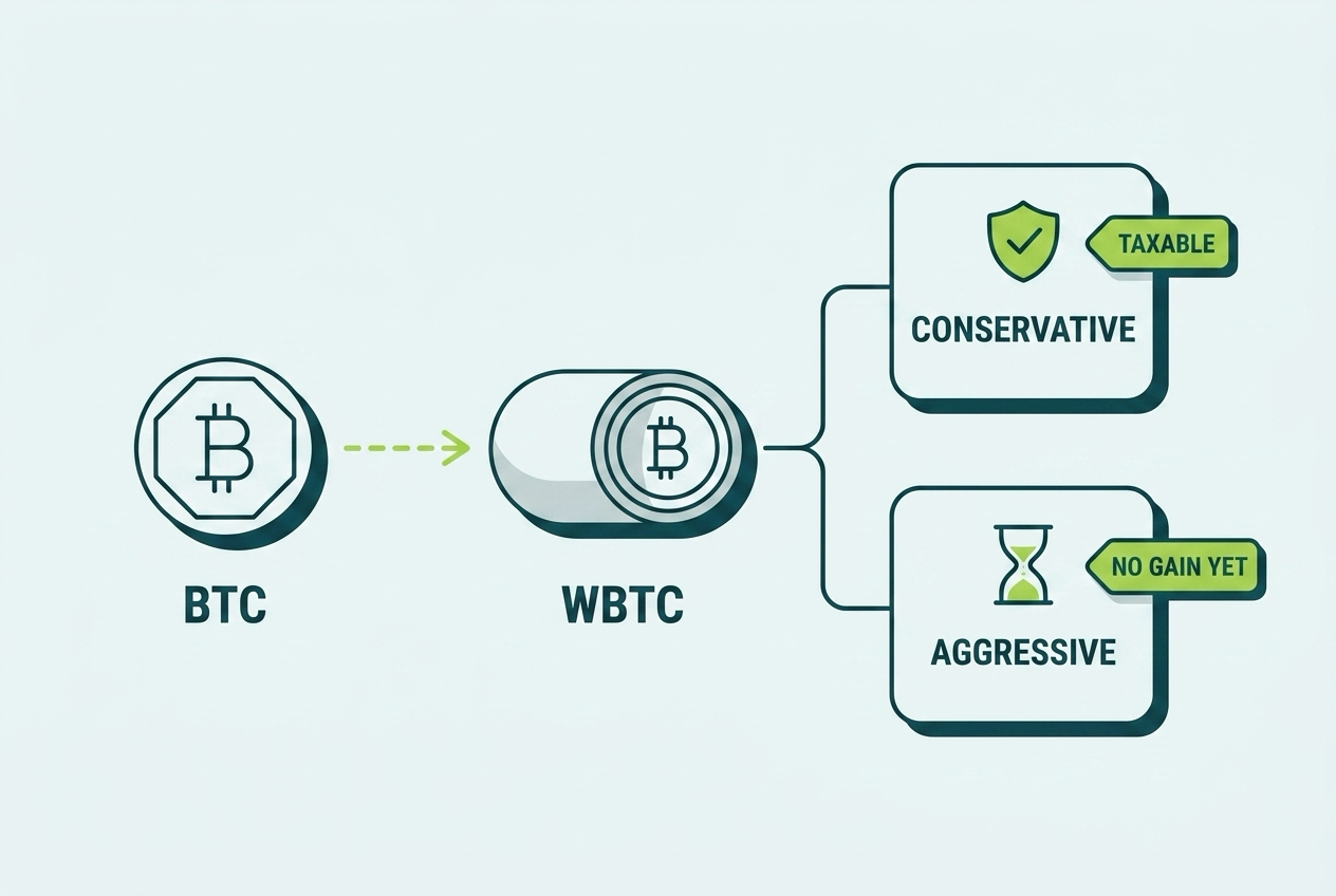 Diagram of bitcoin wrapping into WBTC with conservative and aggressive tax positions branching