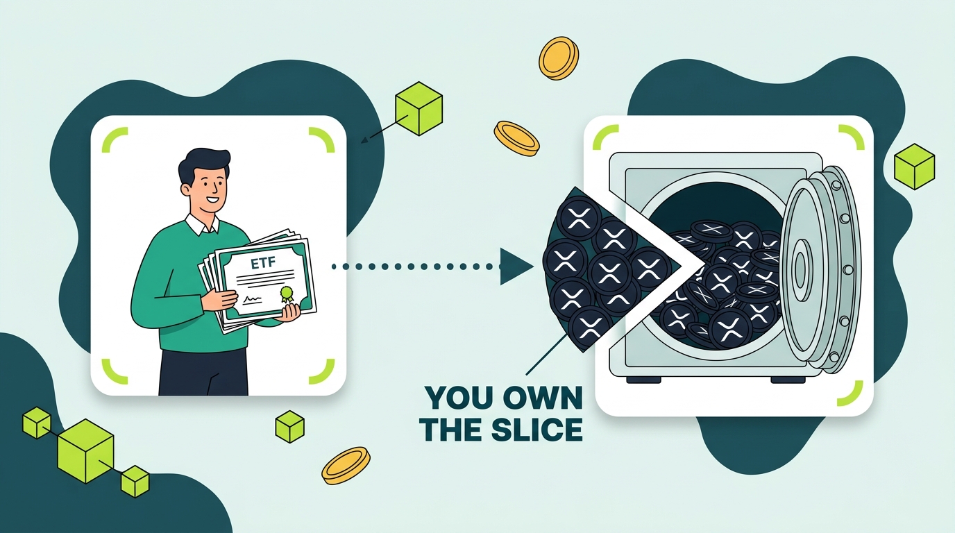 Illustration of grantor trust look-through treatment: an investor's XRP ETF shares dissolve into direct ownership of a pro rata slice of the trust's XRP holdings