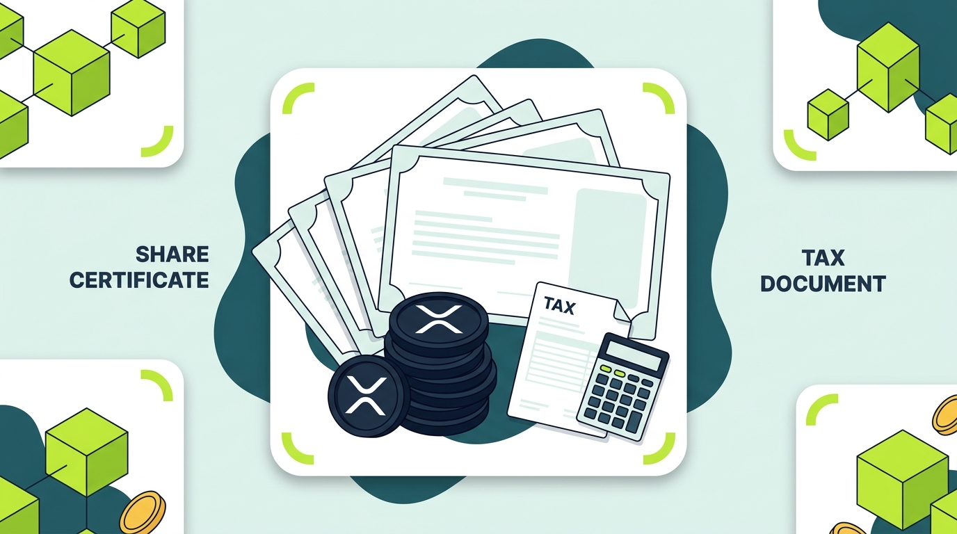 Count On Sheep | XRP ETF taxes 2026 guide hero illustration with ETF share certificates layered over XRP coins
