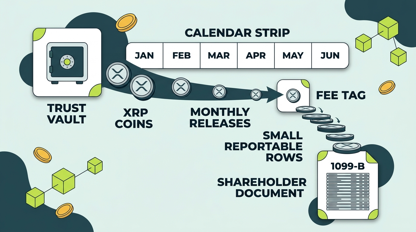 Diagram of sponsor-fee micro-sales: an XRP ETF trust sells small amounts of XRP monthly to pay its sponsor fee, and fractional slices of each sale flow through to every shareholder's 1099-B as tiny reportable transactions