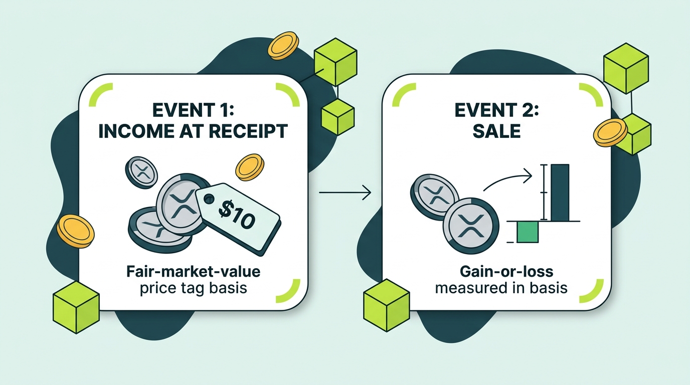 Diagram showing the two tax events for airdropped FLR tokens: ordinary income at receipt establishing cost basis, then capital gain or loss at sale measured against that basis