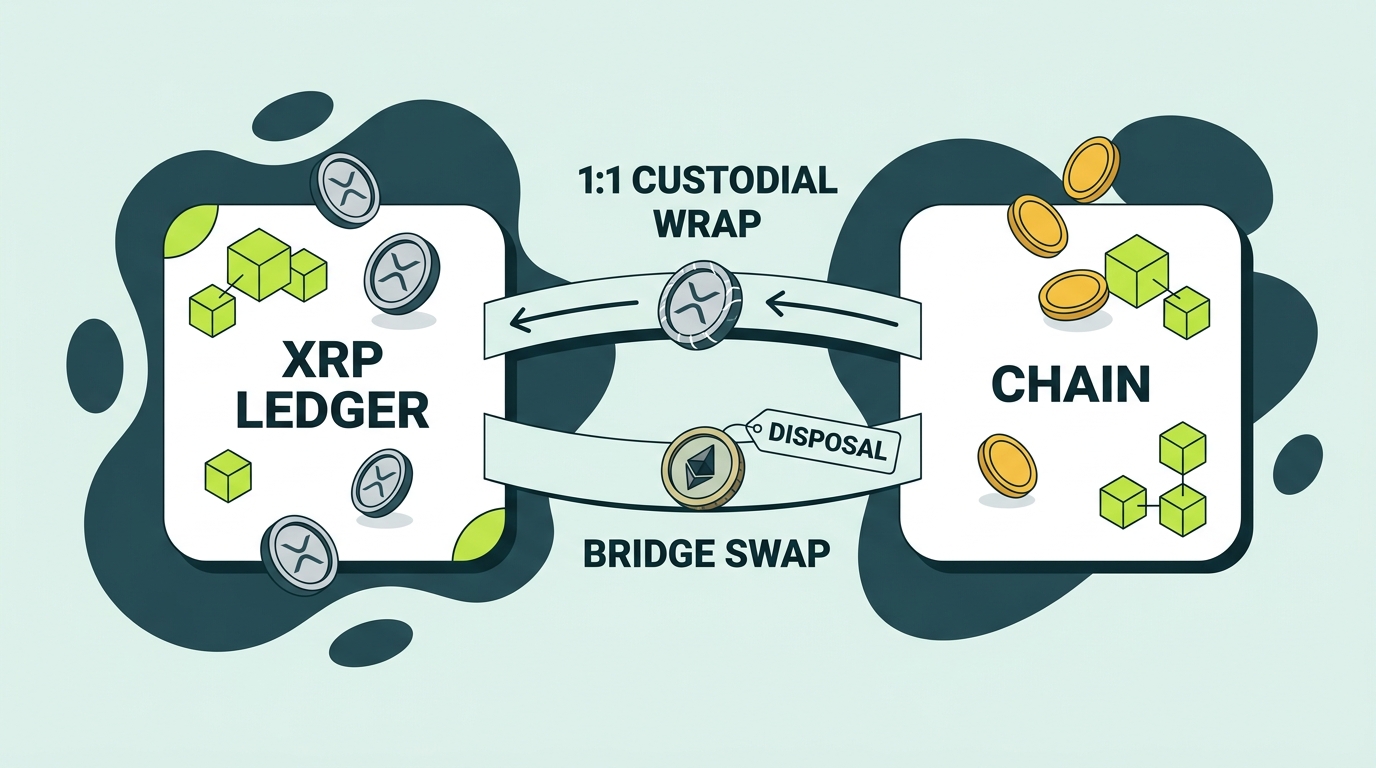 Map of wrapped XRP bridging paths from the XRP Ledger to other chains, contrasting a 1:1 custodial wrap with redemption rights against a bridge swap into a different asset