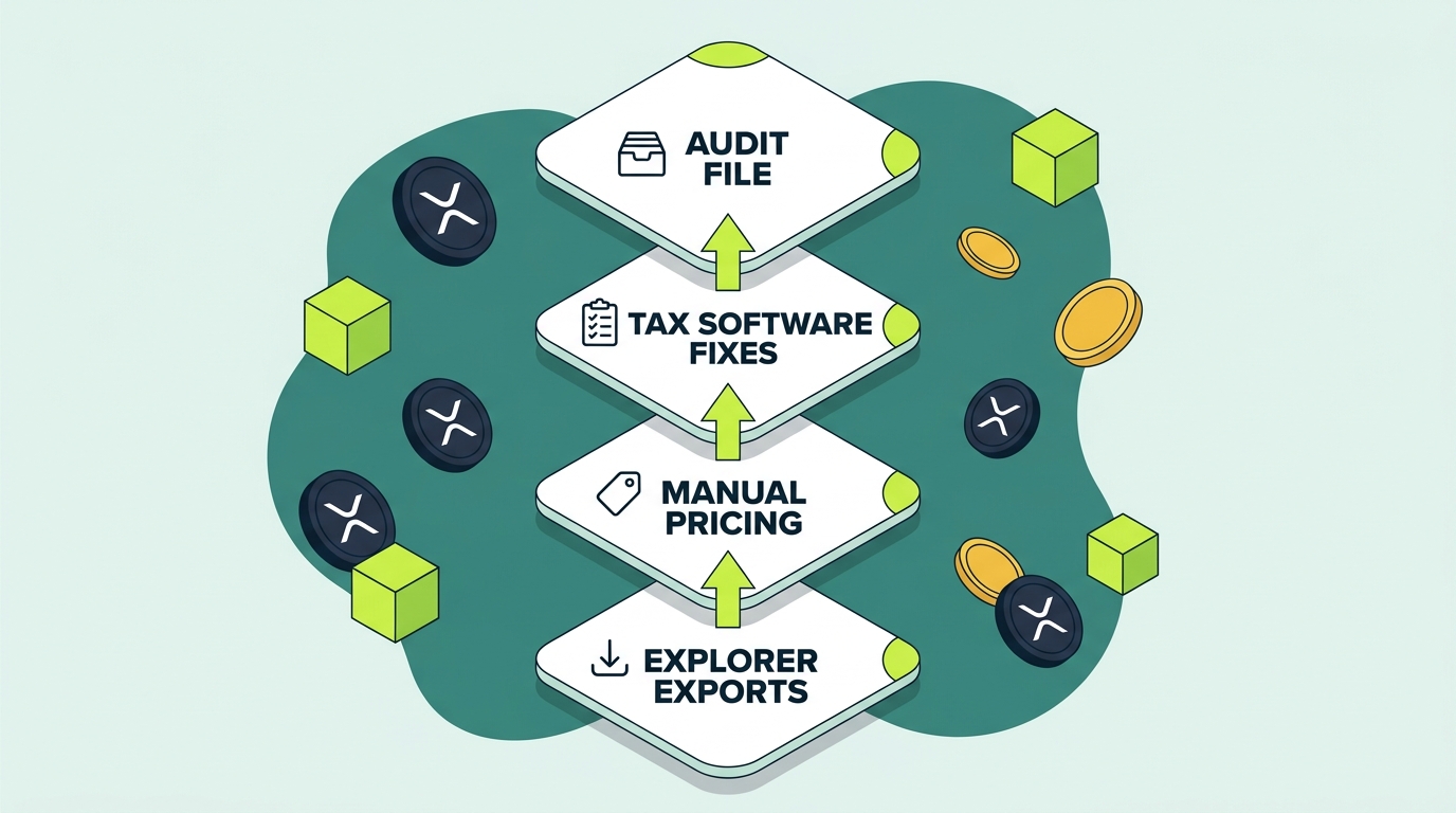 Layered record-keeping stack for XRP Ledger DeFi showing explorer transaction exports, manual pricing of issued tokens, corrected classifications in tax software, and an archived audit file