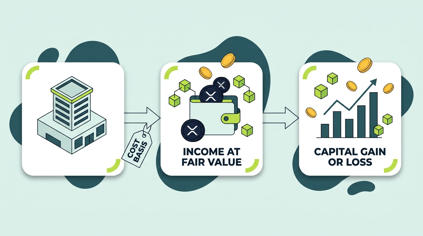 Flow of XRP earn program rewards from platform credit to ordinary income recognition at fair market value, then cost basis carried into a later sale reported as capital gain or loss