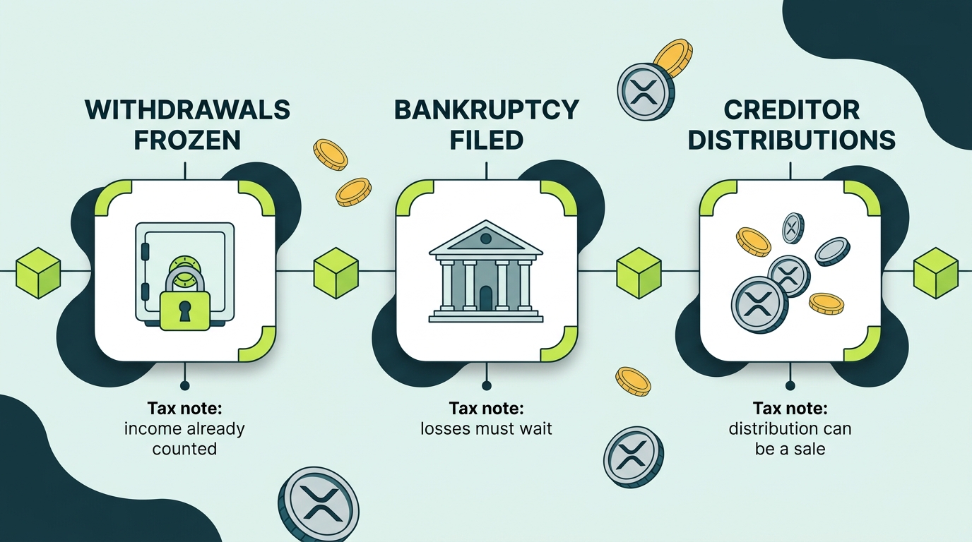 Timeline of the Celsius and BlockFi bankruptcies showing withdrawal freezes, bankruptcy filings, and eventual creditor distributions, illustrating the tax consequences of platform failure for earn program users