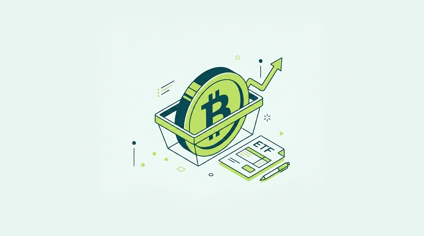 Illustration of spot Bitcoin ETF shares and a brokerage statement beside a Bitcoin coin representing how Bitcoin ETFs are taxed