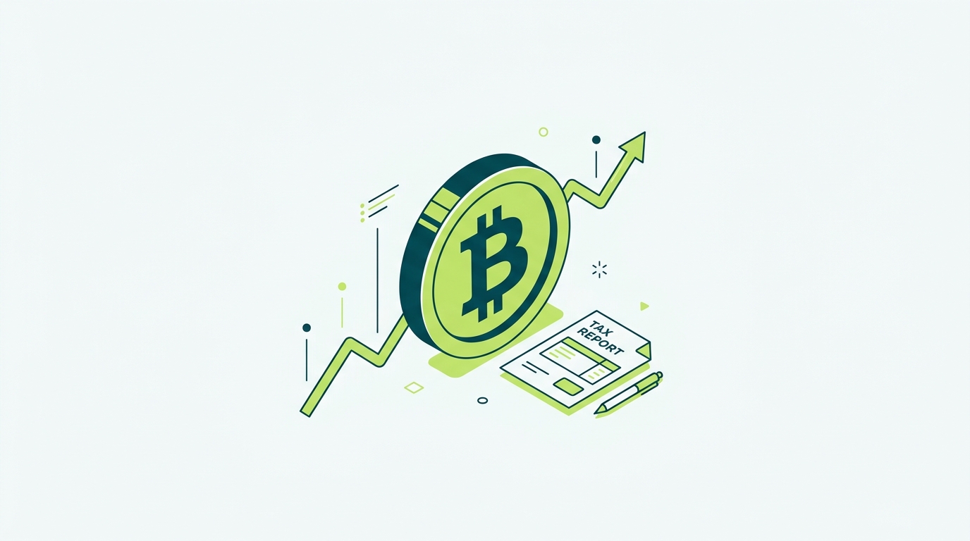 Illustration of a Bitcoin coin with capital gains and tax documents representing how BTC is taxed in 2026