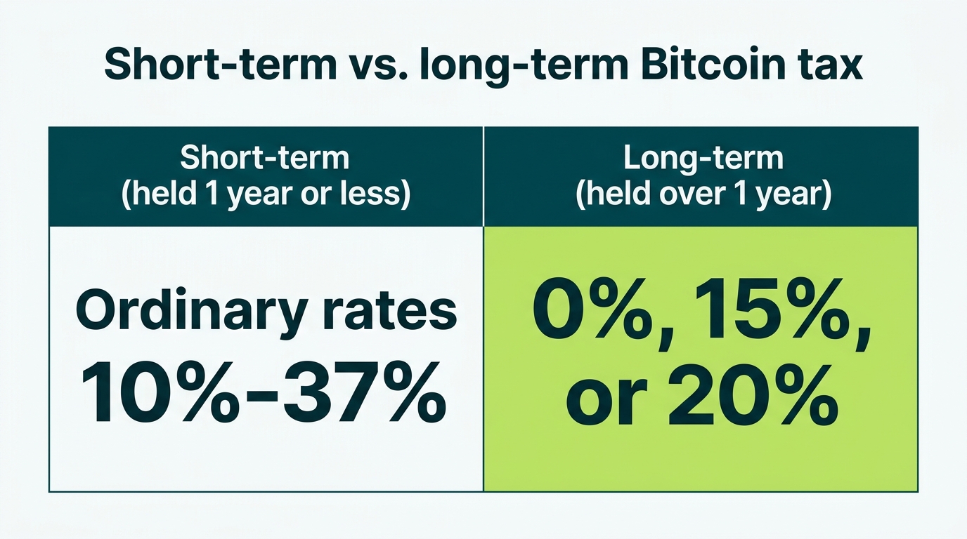 Chart comparing short-term Bitcoin capital gains taxed at ordinary rates up to 37 percent versus long-term rates of 0, 15, or 20 percent