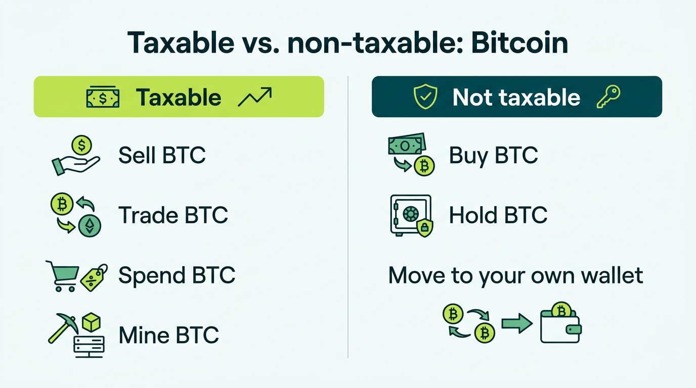 Comparison of taxable Bitcoin events like selling, trading, spending, and mining versus non-taxable events like buying, holding, and self-transfers