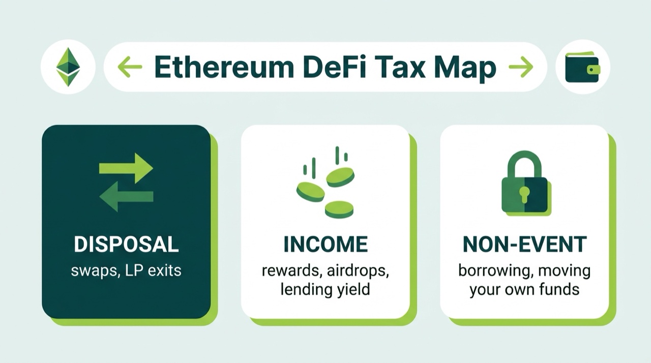 Ethereum DeFi tax map sorting swaps and LP exits into disposals, rewards and lending yield into income, and borrowing and self-transfers into non-events