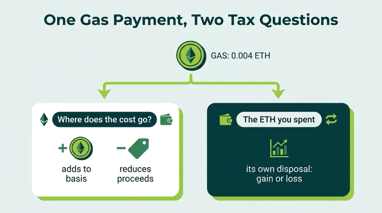 Diagram of one Ethereum gas payment splitting into two tax questions: where the cost lands in basis or proceeds, and the disposal of the ETH spent as gas