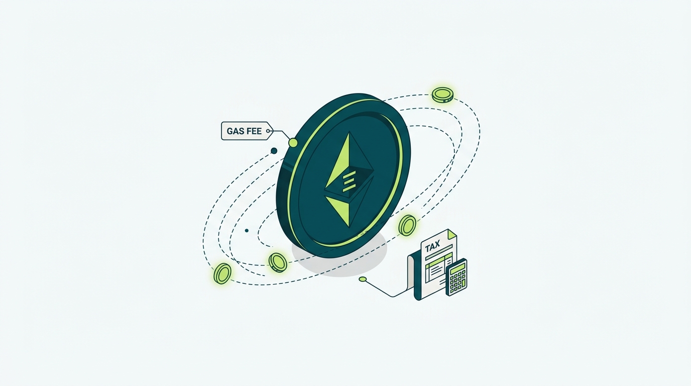 Illustration of the Ethereum coin with staking rewards, gas fees, and tax documents representing how ETH is taxed in 2026