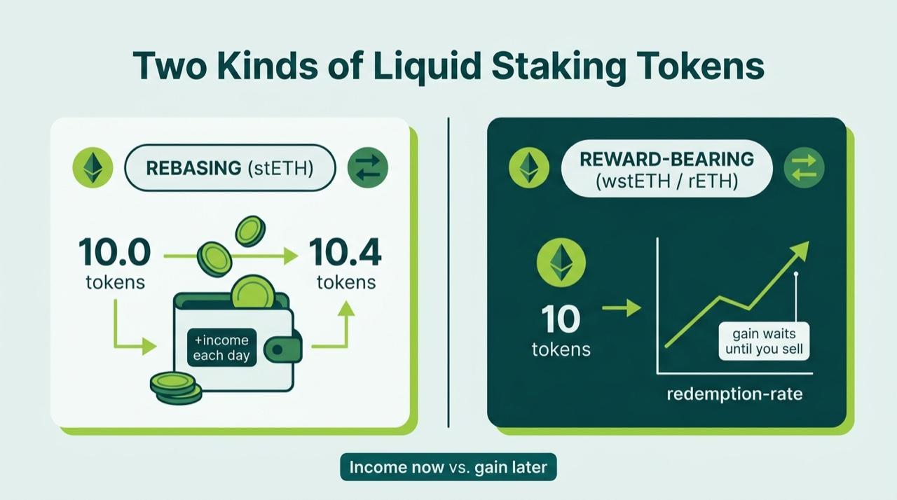 Comparison of rebasing liquid staking tokens like stETH that add tokens daily as income versus reward-bearing tokens like wstETH and rETH that grow in redemption value until sold
