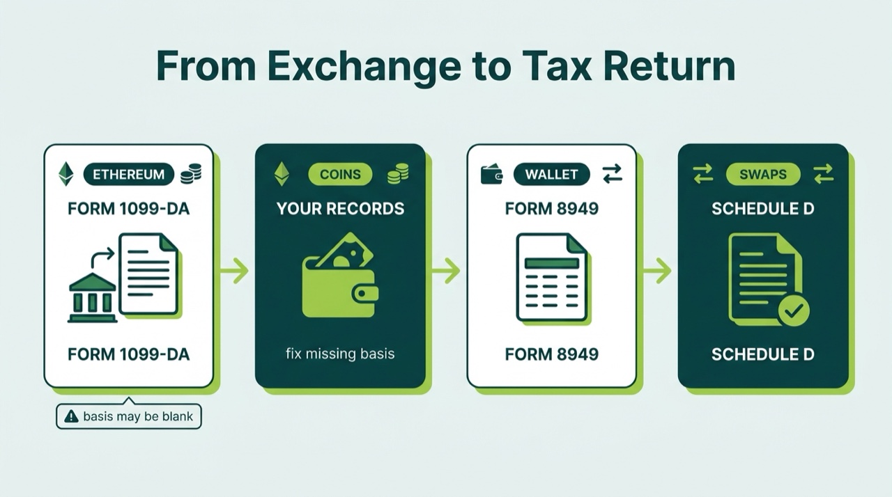 Reporting pipeline from a broker Form 1099-DA through your own records to Form 8949 and Schedule D, with a warning that broker basis may be blank