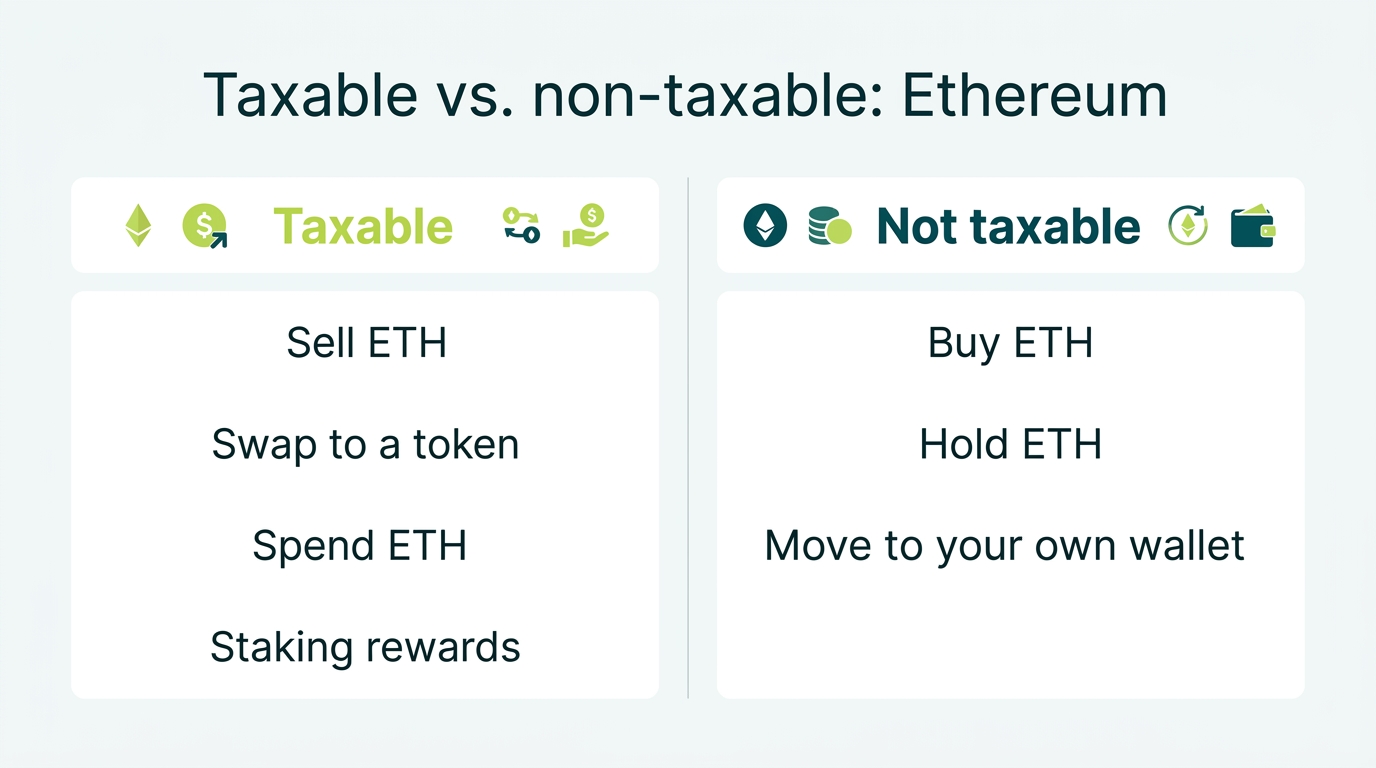Comparison of taxable Ethereum events like selling, swapping, spending, and staking rewards versus non-taxable events like buying, holding, and self-transfers